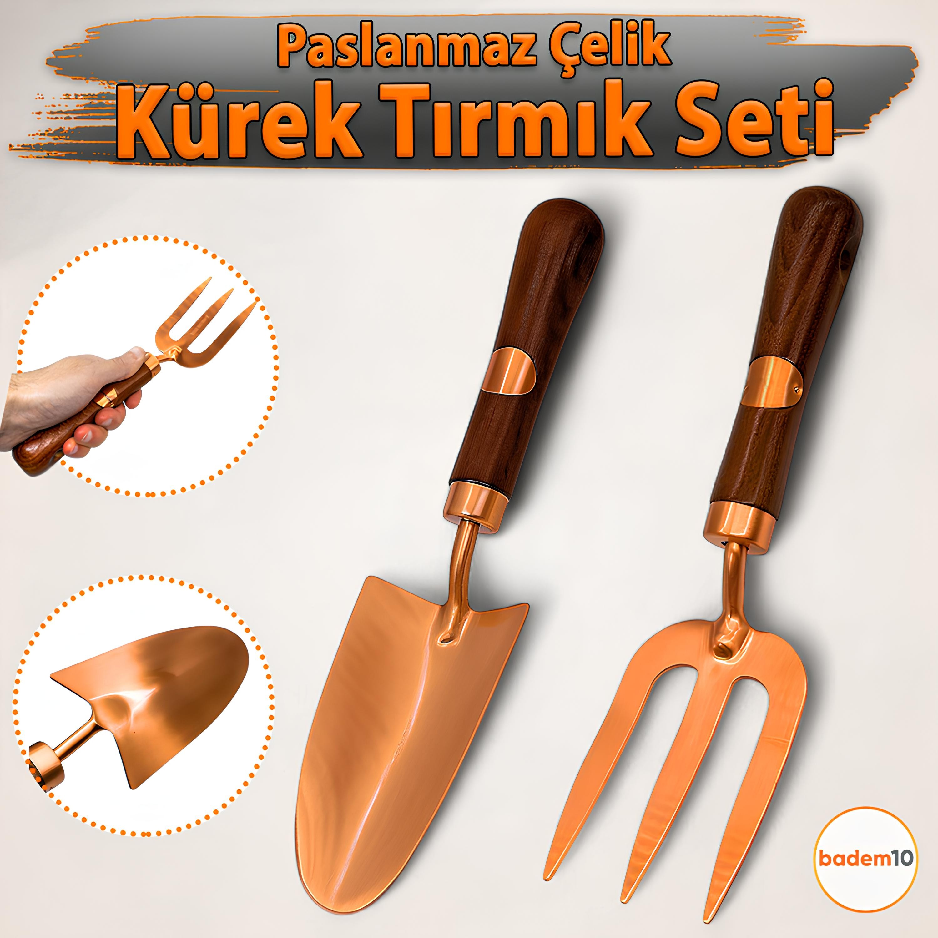 Paslanmaz 2’li Bahçe Hobi Seti Kürek Dirgen Tırmık Ergonomik Ahşap Sap Tarla Balkon Sebze Çiçek Alet