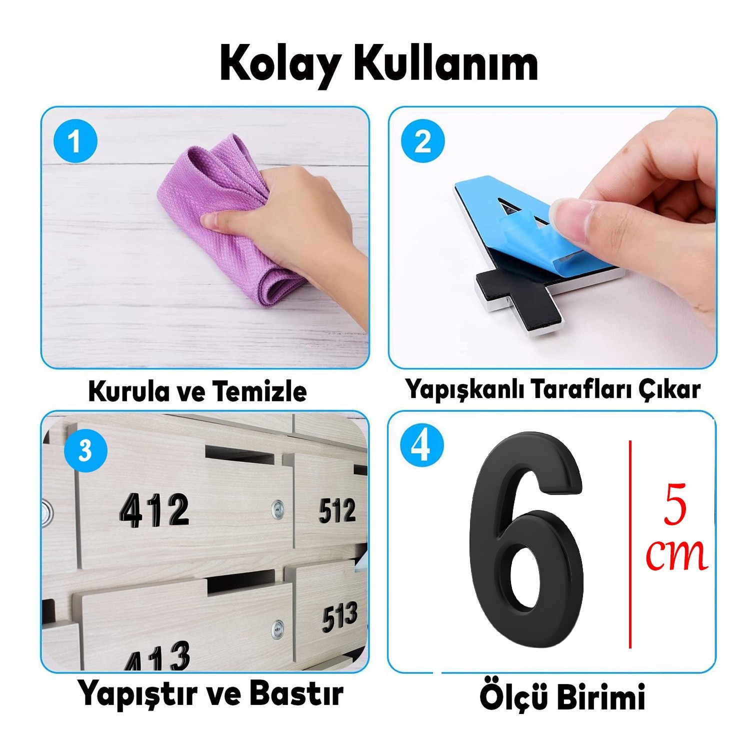 Yapışkanlı Kapı Numarası Küçük Boy 50 mm 5 cm Numara 6 Rakam Altı Sayı Siyah Renk Numaralar 1 Adet