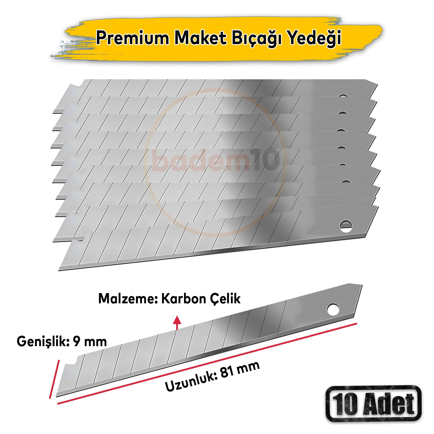 İthal 10'lu 10 Adet 9 mm x 81 mm Maket Bıçağı Yedeği Ucu Kırılabilir Yedek Uç Bıçak Ucu  Jilet