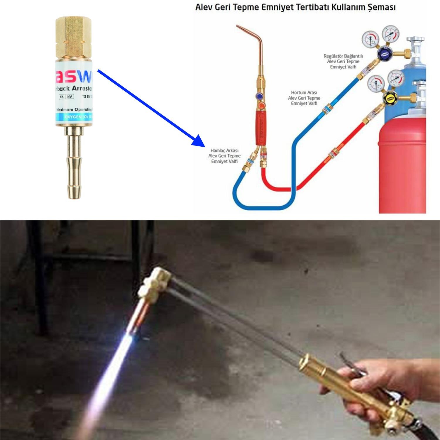 Kasweld Alev Geri Tepme Valfi Oksijen Kaynak 3006 O Gaz Şalome Tüp Hamlaç Regülatör Lülesi 20 Bar