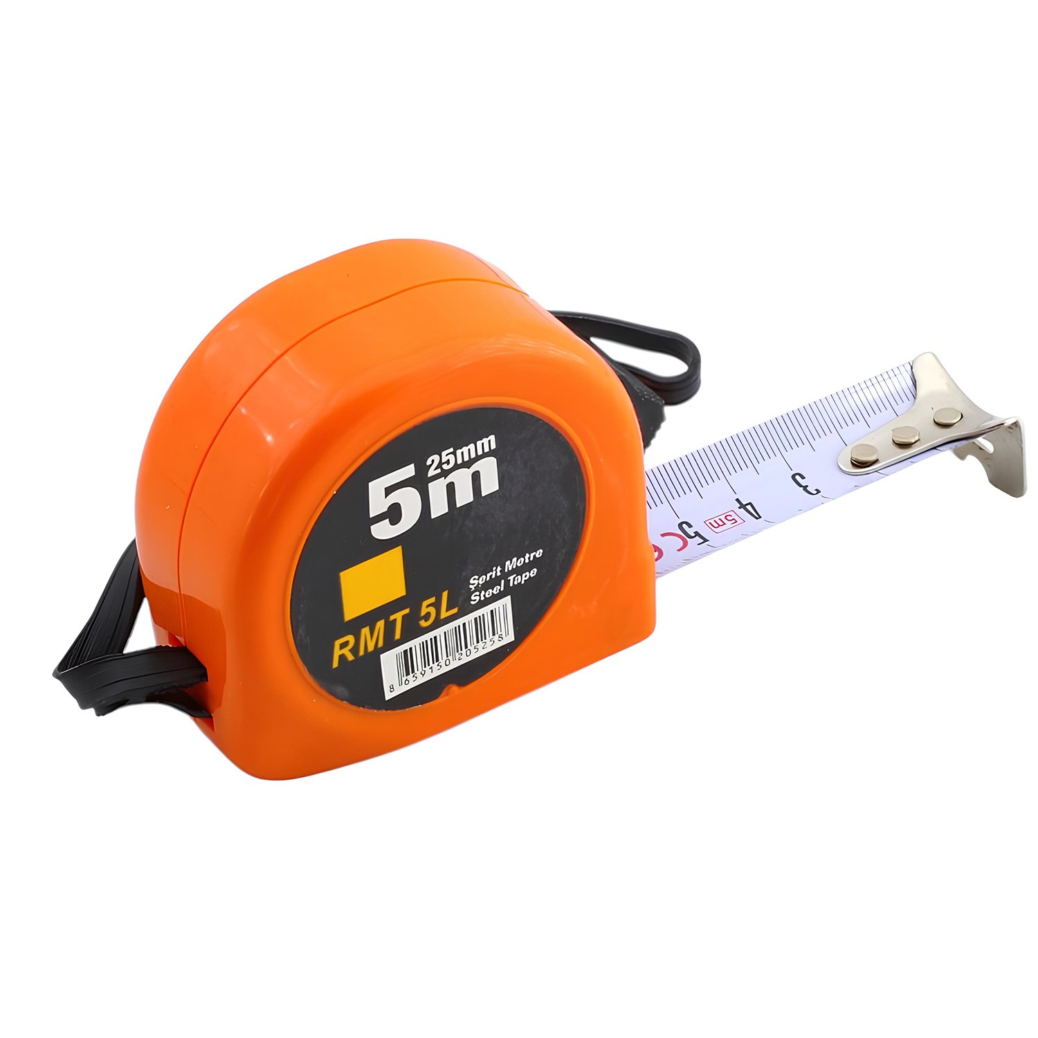 Şerit Metal Bükülebilir Metre 5 m x 25 mm Turuncu Renk Düğmeli Ölçüm Ölçme Plastik Kasalı