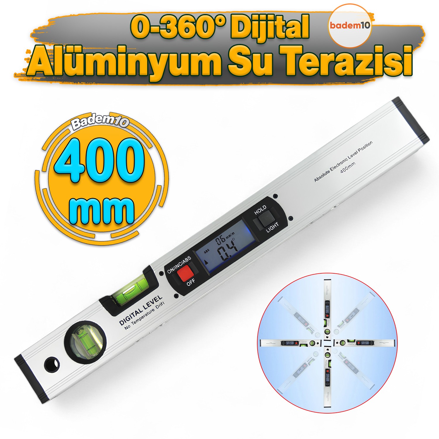 Dijital Lcd Ekranlı Su Terazisi 40 cm 400mm Hassas Elektronik Açı Ölçer Alüminyum Gövde Gönye Cihazı