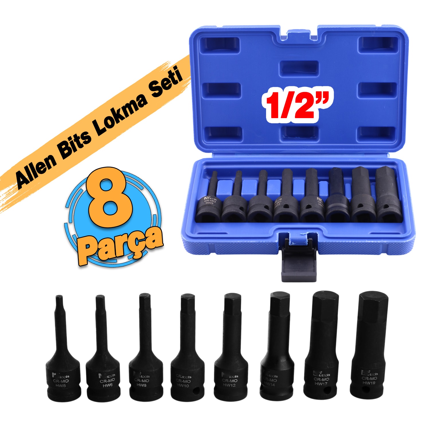 Allen Bits Lokma Seti 8 Parça 1/2" CR-MO ÇEliği H5 H6 H8 H10 H12 H14 H17 H19 Uzunluk: 78 mm Altıgen