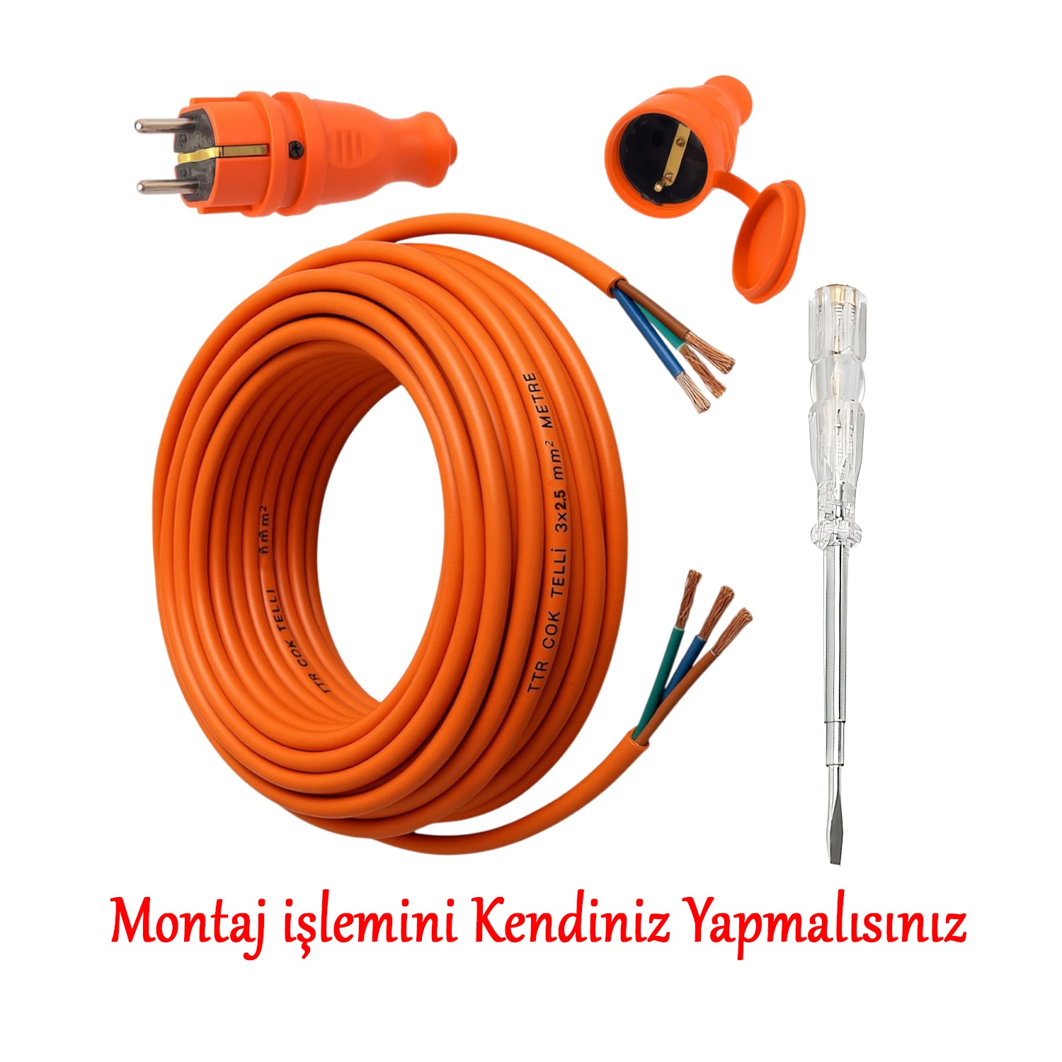 Seyyar 15 Metre Uzatma Kablosu TTR CCA Çok Telli 3x2.5 mm Elektrik Kablo Kontrol Kalem Dişi Erkek Fiş