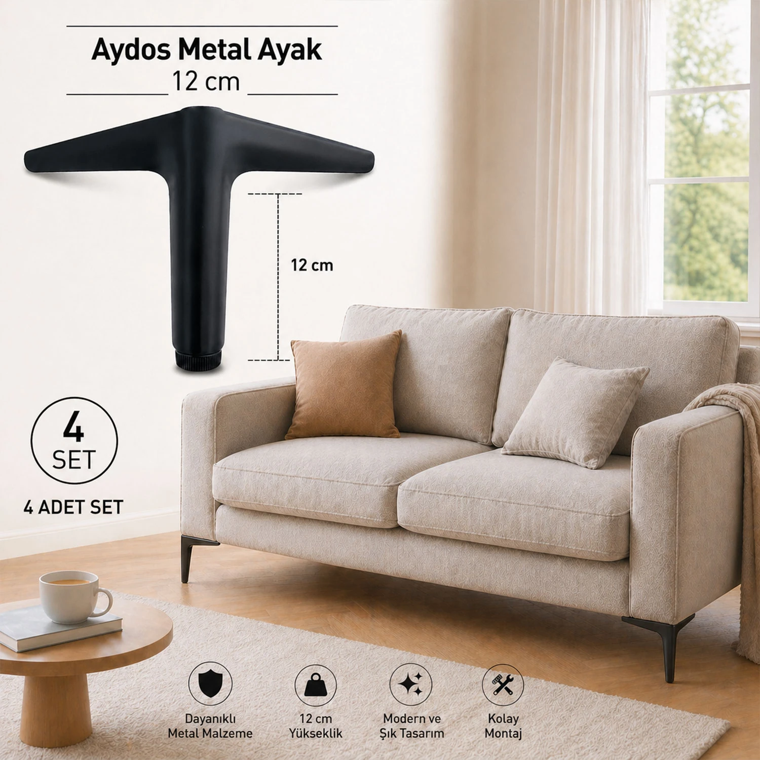 Aydos Metal Ayak 4 Adet 12 Cm Mat Siyah Kanepe Koltuk Dolap Ayağı