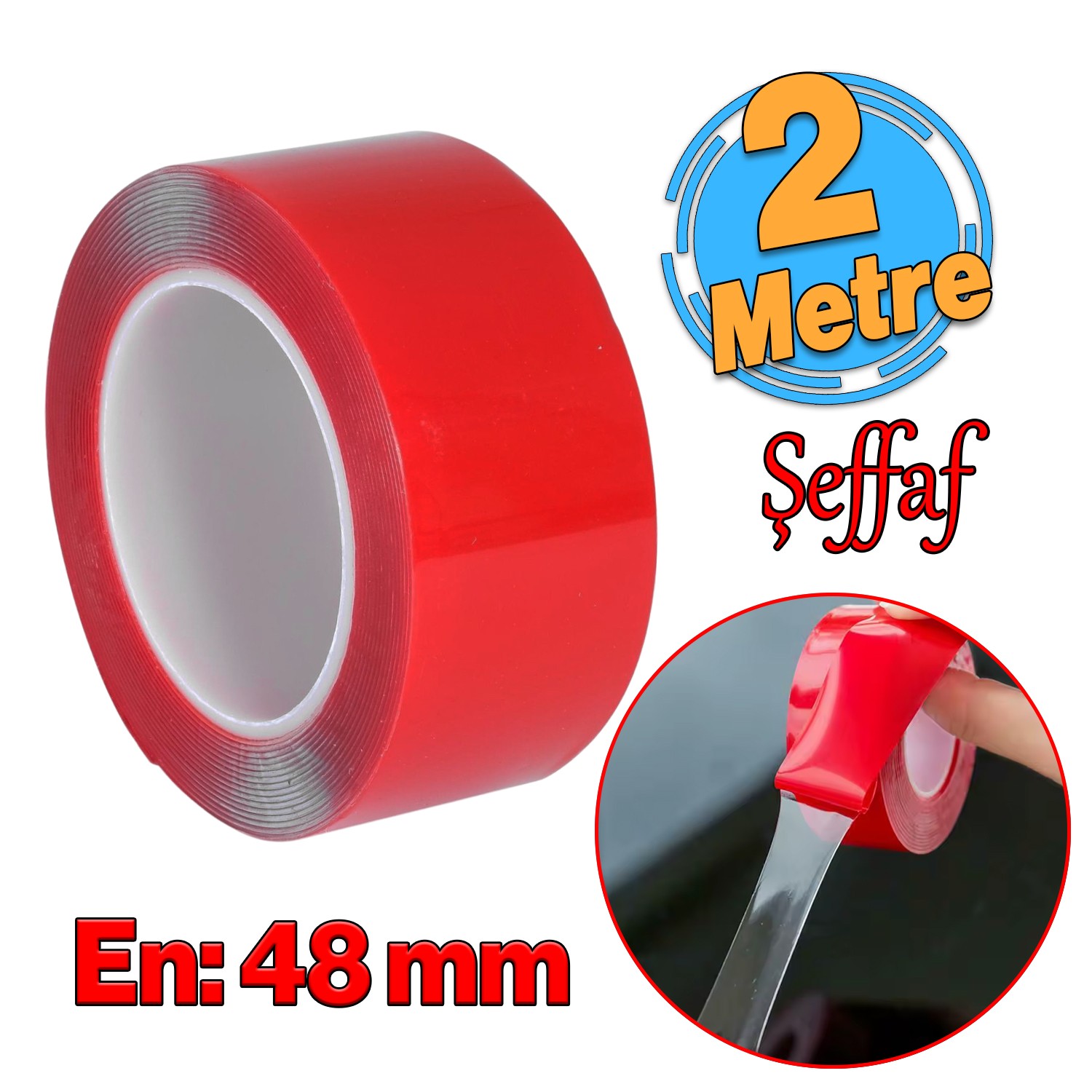 Çift Taraflı Silikon Bant Montaj Bandı Şeffaf 48 mm x 2 Metre Güçlü Çok Amaçlı Yapıştırıcı 1 Adet