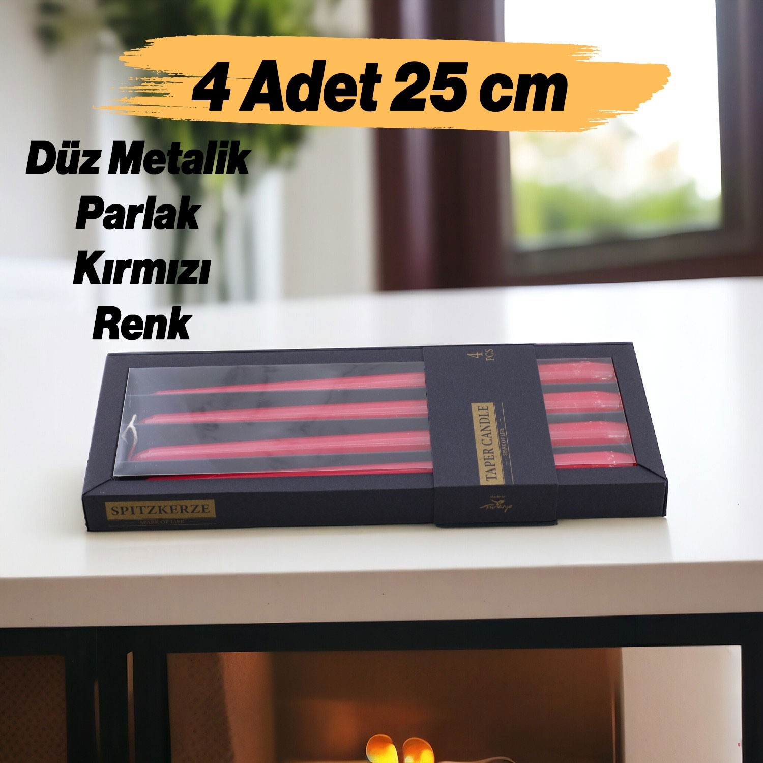 Şamdan Mum 4'lü Metalik Boya Kırmızı Dekoratif Mumu Kandil Hediyelik Fitilli Mumluk Kırmızı 25 cm