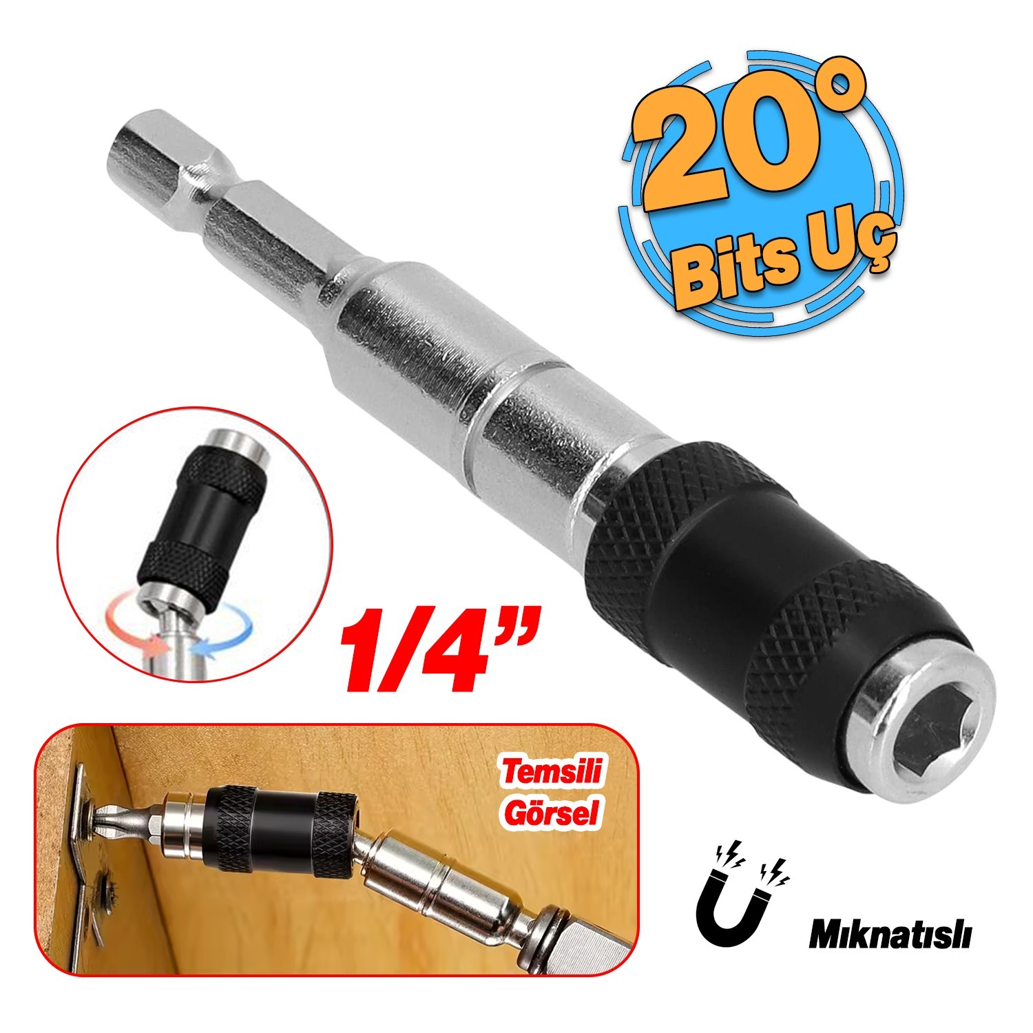 Açılı Oynar Başlıklı Bits Uç 1/4" 90 mm Manyetik Mıknatıslı Matkap Uyumlu 20° Lokma Ucu 1 Adet