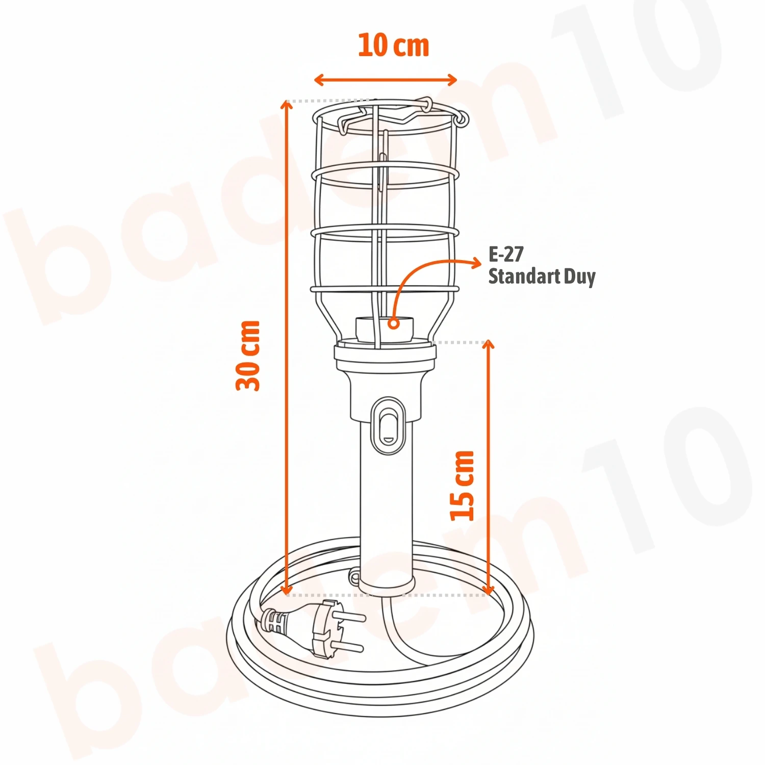 Siyah Plastik Saplı Metal Koruma Kafesli 5 metre kablolu E27 Standart Duy Seyyar El Lambası