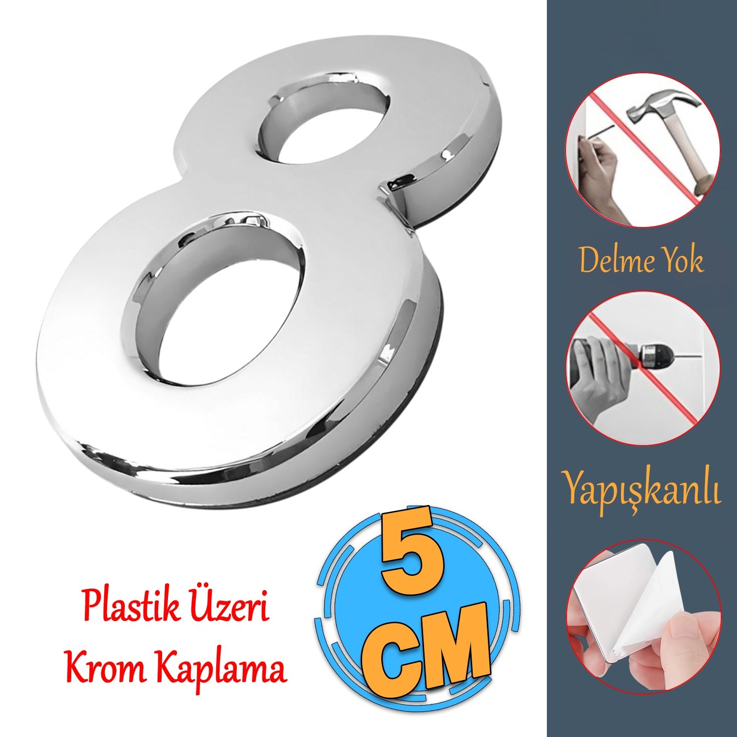 Yapışkanlı Kapı Numarası Küçük Boy 50 mm 5 cm Numara 8 Rakam Sekiz Sayı Krom Renk Numaralar 1 Adet