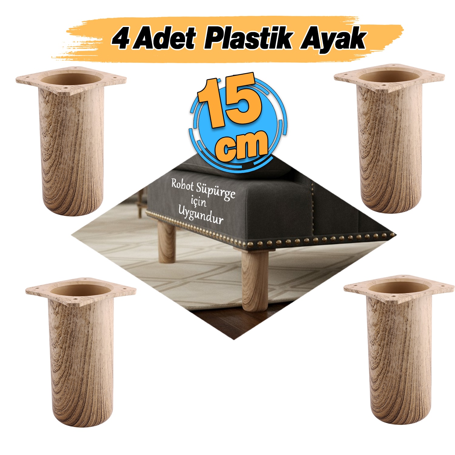 (4 Adet) Plastik Liva Doğal Meşe 15 cm Ayak Mobilya Kanepe Koltuk Baza Yükseltme Ayağı Ayakları