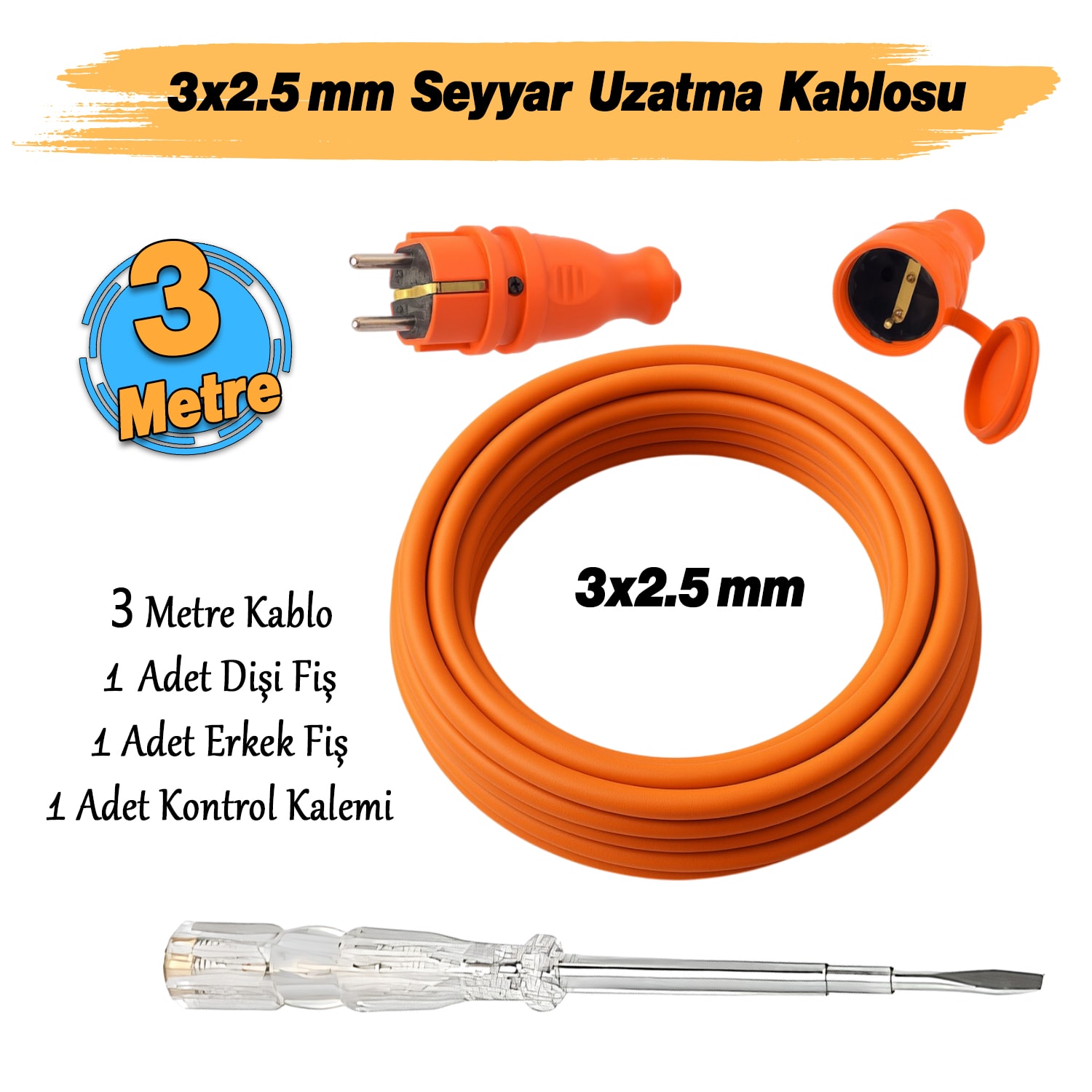 Seyyar 3 Metre Uzatma Kablosu TTR CCA Çok Telli 3x2.5 mm Elektrik Kablo Kontrol Kalem Dişi Erkek Fiş