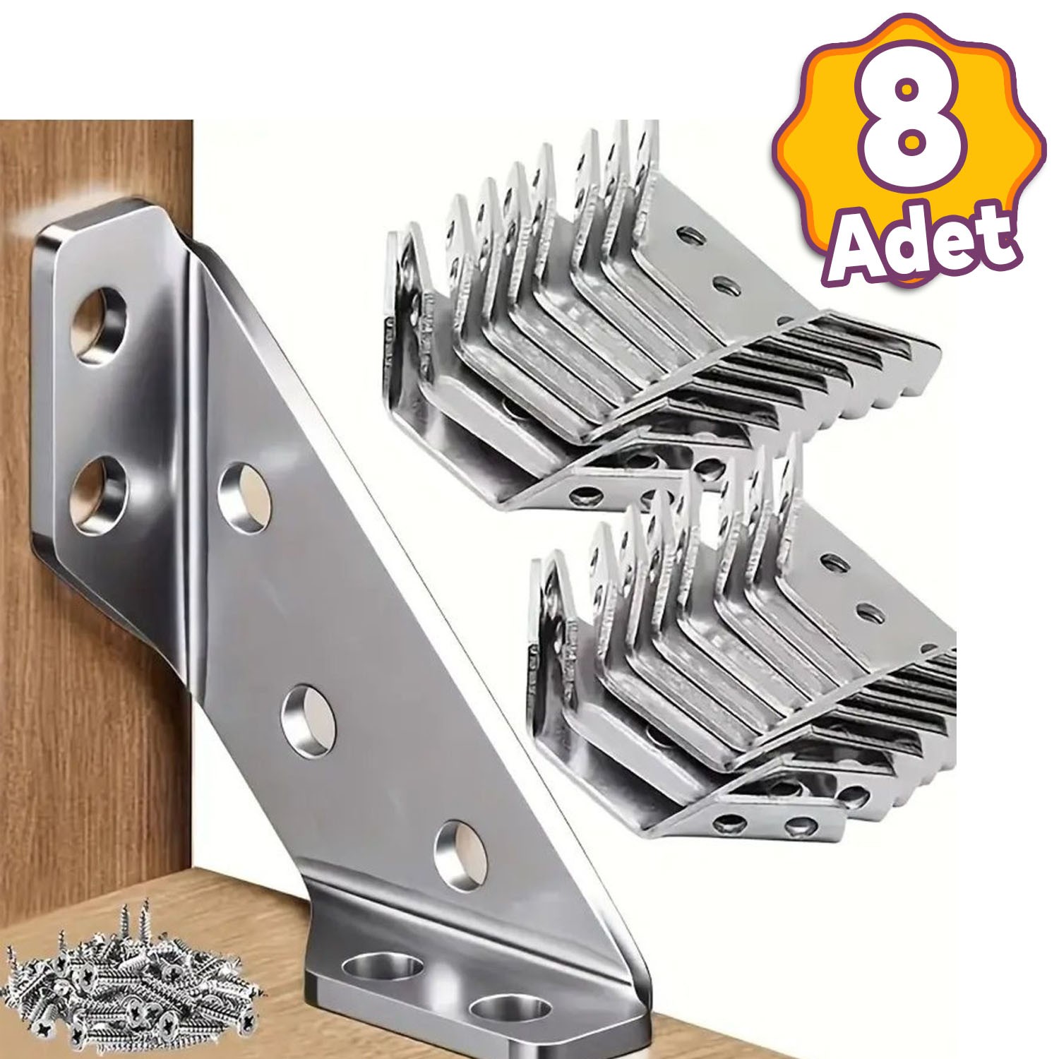 8 Adet Mobilya Eşya Dolap Köşe Birleştirme Duvara Sabitleyici Bağlantı Aparatı Köşebent Gönye Metal