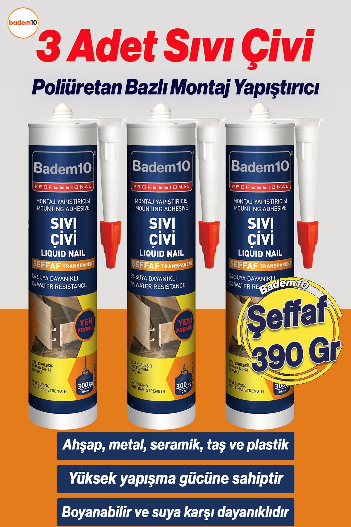 Sıvı Çivi 3 Adet 390 Gr Montaj Yapıştırıcısı Su Geçirmez Mutfak Banyo Ahşap Dolap Fayans Mermer