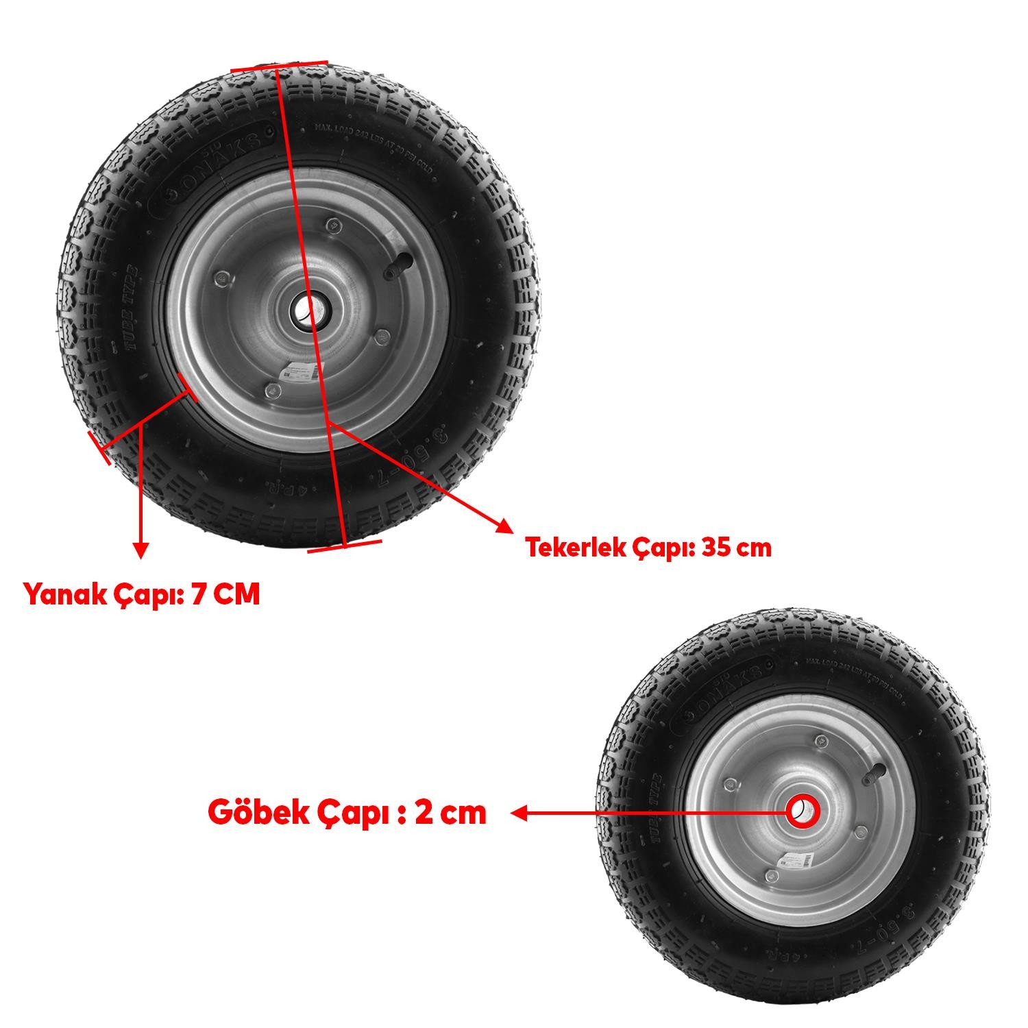 Onaks El Arabası Yük Taşıma Tekeri Bilyeli Rulmanlı Havalı Dubleks 350x70 mm Çelik Jant Tekerlek