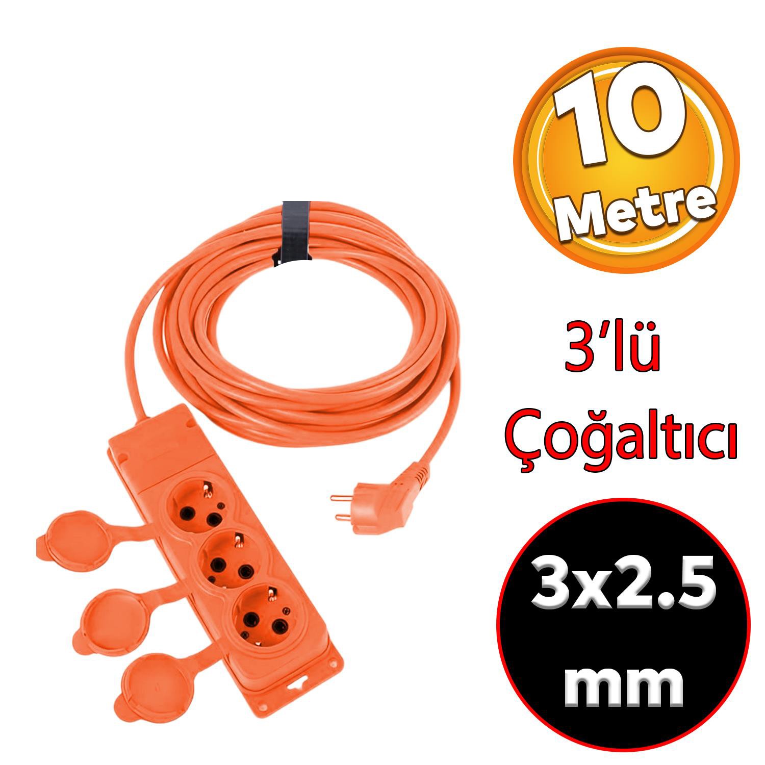 Bylion 3WAY-10325- F Monofaze Çoğaltıcı Seyyar Topraklı Kapaklı 3'lü Grup Priz Fiş 10 Metre CCA Uzatma Kablosu 3x2.5 mm