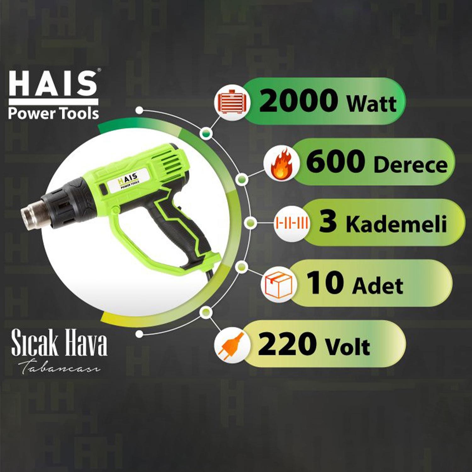 Haıs HG12 Sıcak Hava Tabancası 3 Kademeli 2000W