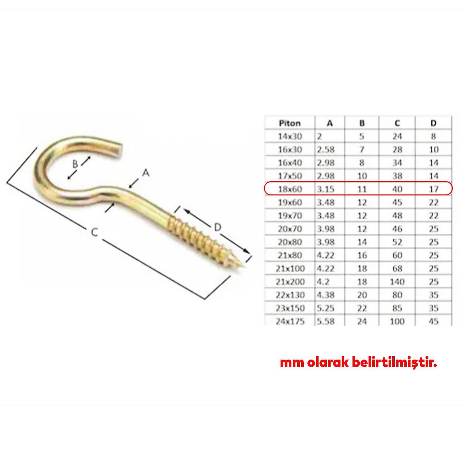 Metal Piton Vidalı Gerdirme 18x60 Çekme Kaldırma Tavan Açık Ağız Kancalı Avize Asma Kiti 5 Adet