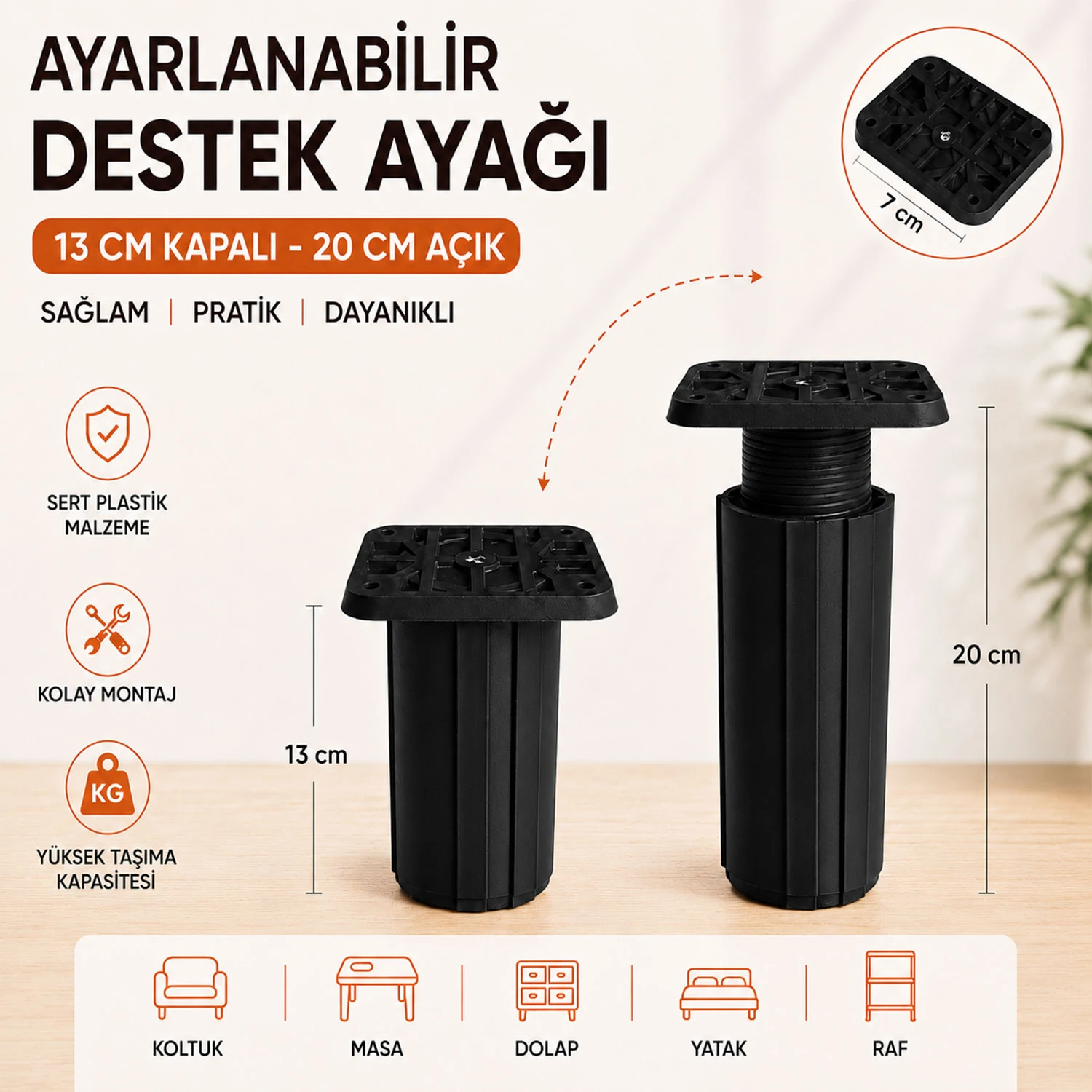 Kare Başlı Siyah Ayarlanabilir Destek Ayağı 13x20 Cm Sert Plastik