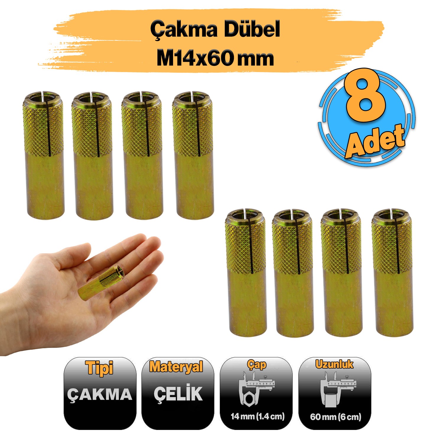 Çakma Çelik Dübel İç Dişli M14x60 mm Raf İskele Montaj Bağlantı Monte Beton Asma Aparat 8 Adet