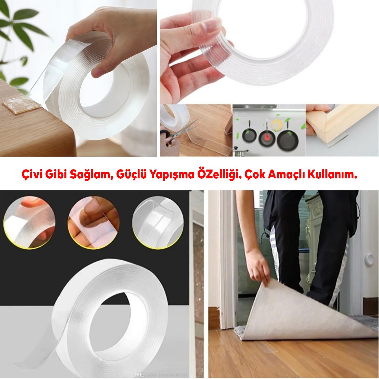 Güçlü Yapışkan Şeffaf Çift Taraflı Nano Silikon Bant 24 mm x 1 m Dayanıklı Kolay Yıkanabilir