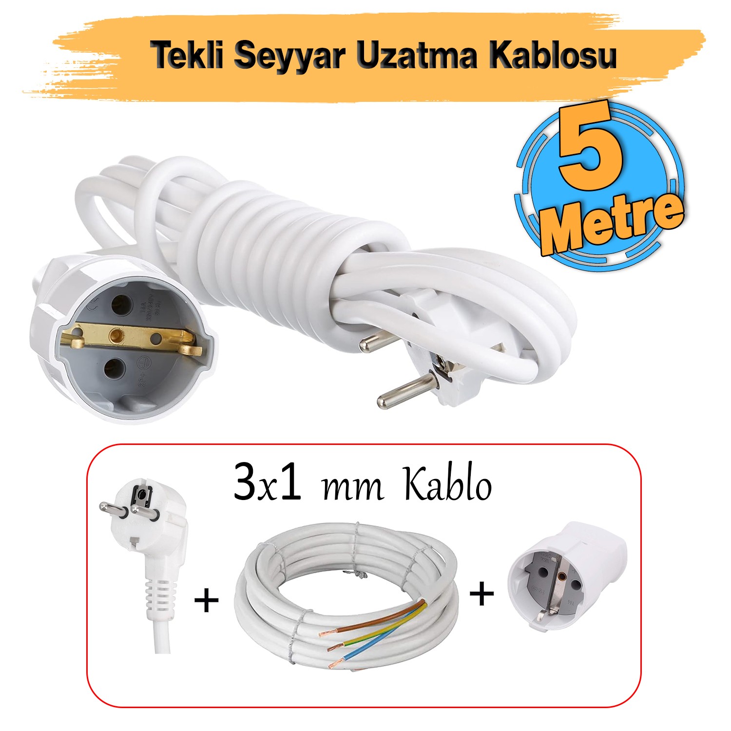 Seyyar Uzatma Kablosu 5 Metre Topraklı Fiş Monofaze CCA Priz 3x1 mm Beyaz Kablo H05VV-F