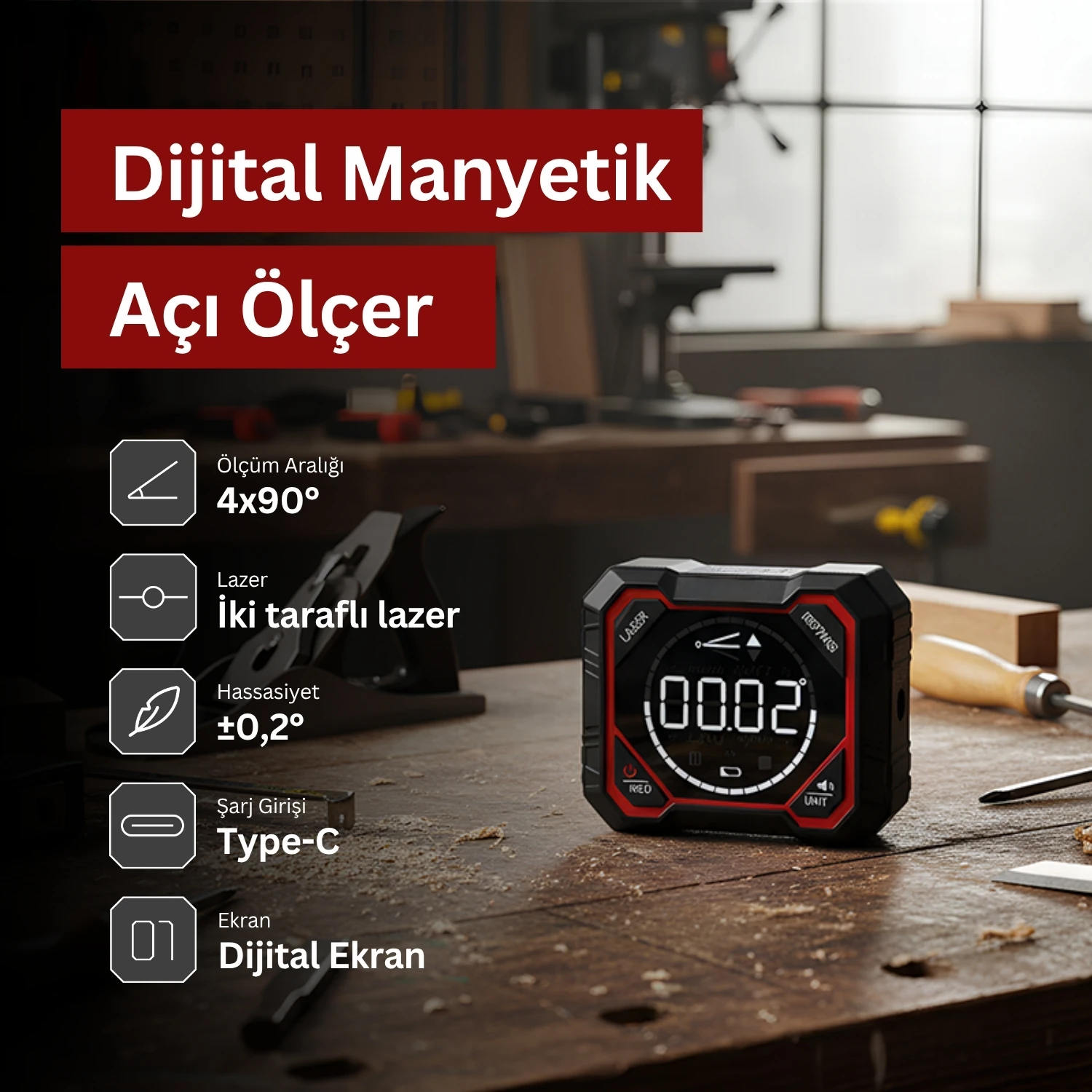 Dijital Manyetik Açı Ölçer Alüminyum Gövdeli Lazerli Type-C Şarj Girişli Yüksek Hassasiyetli