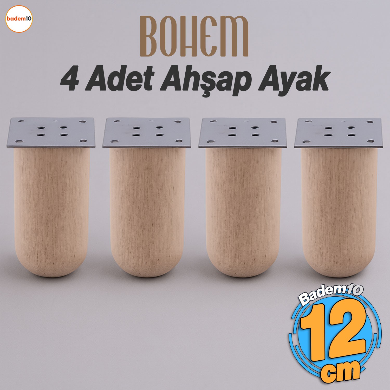 Bohem 4 ADET Doğal Ahşap 12 cm Silindir Ayak Set Mobilya Koltuk Kanepe Sehpa Masa Ayağı Ayakları