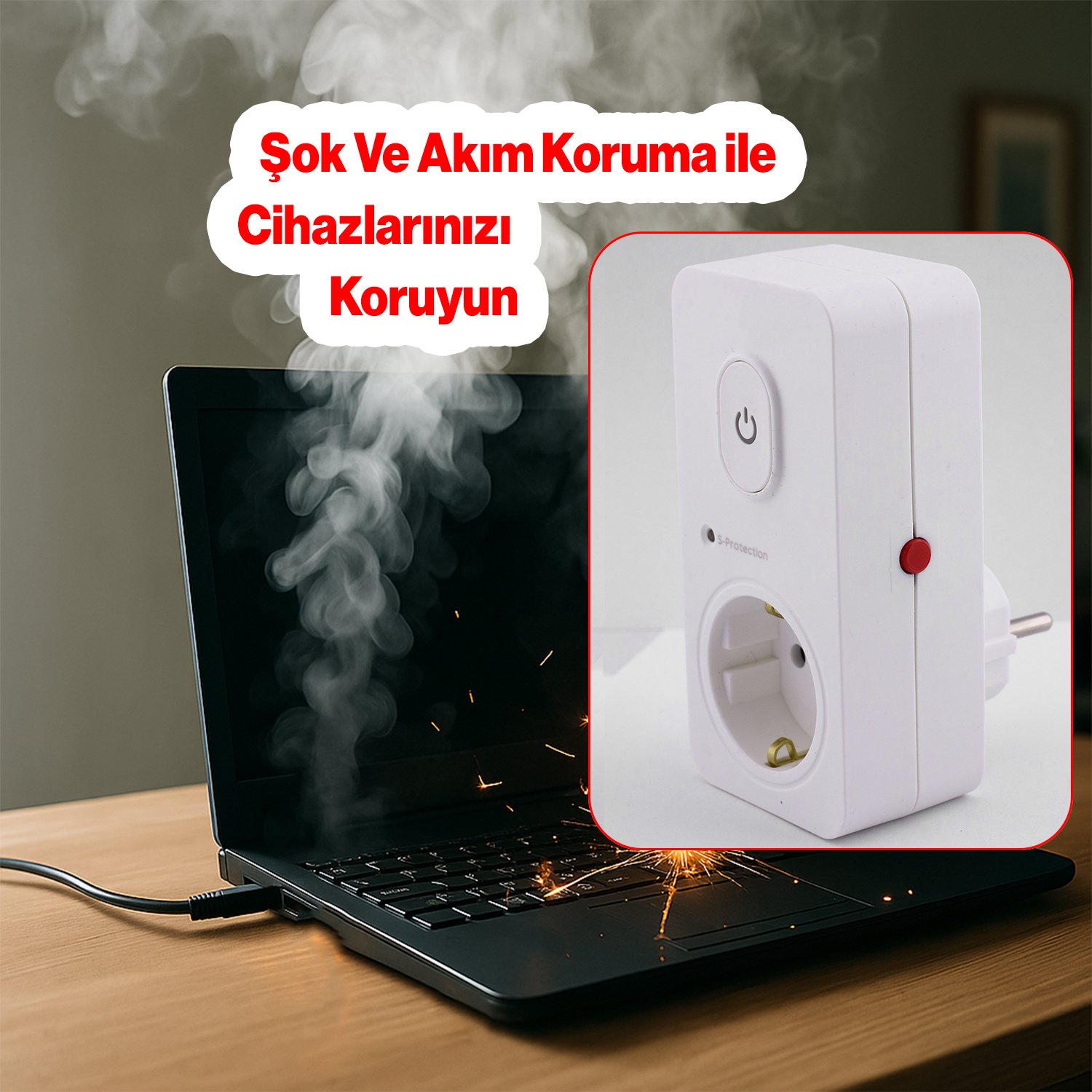 Anahtarlı Akım & Şok Korumalı Tekli Priz Açma Kapama Düğmeli Çoçuk Korumalı Fiş 720 Joule IP20
