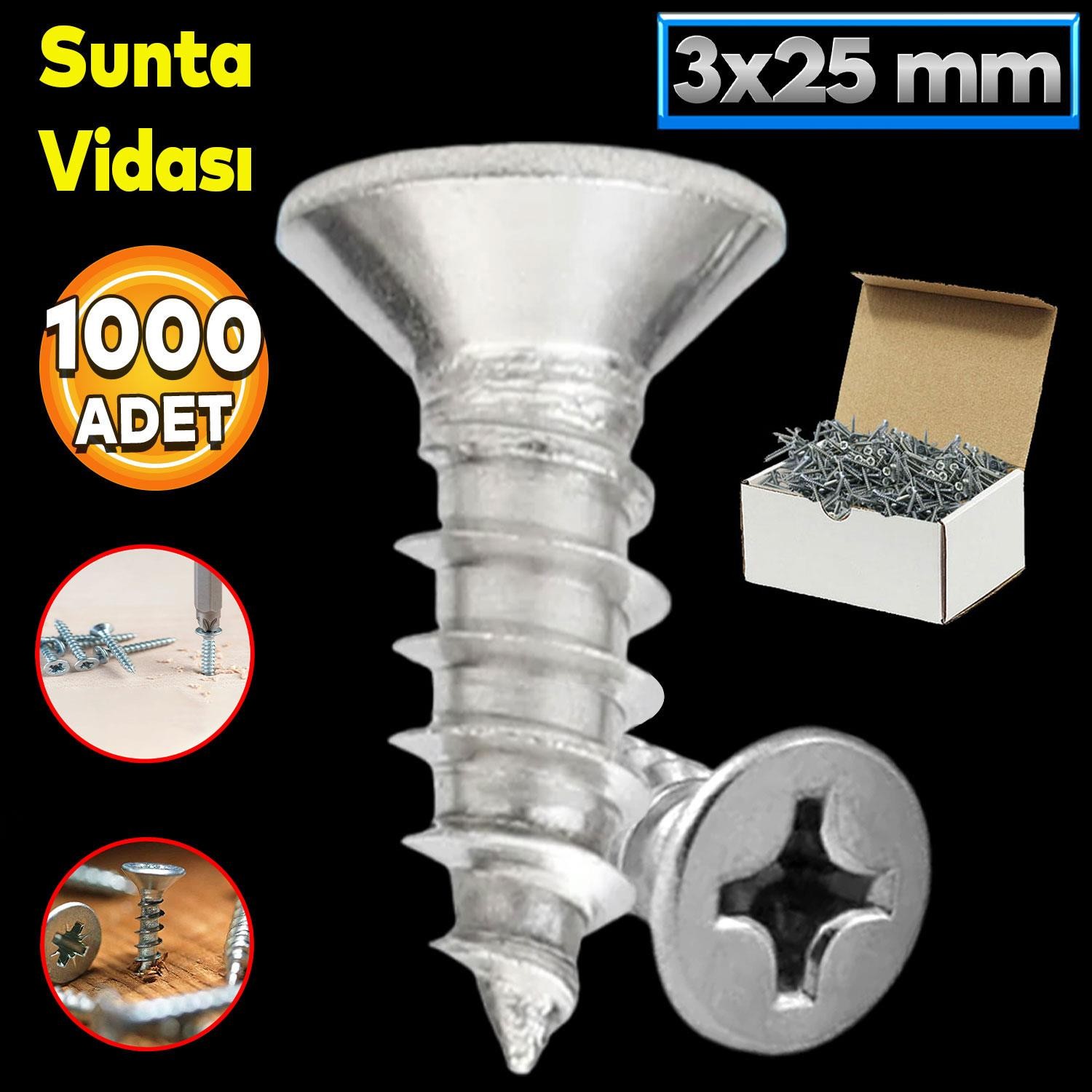 Sunta Vidası 3x25 Mm Paket 1000 Adet Sivri Uçlu Ahşap Tahta Ağaç Mobilya Ayak Kulp Vidası