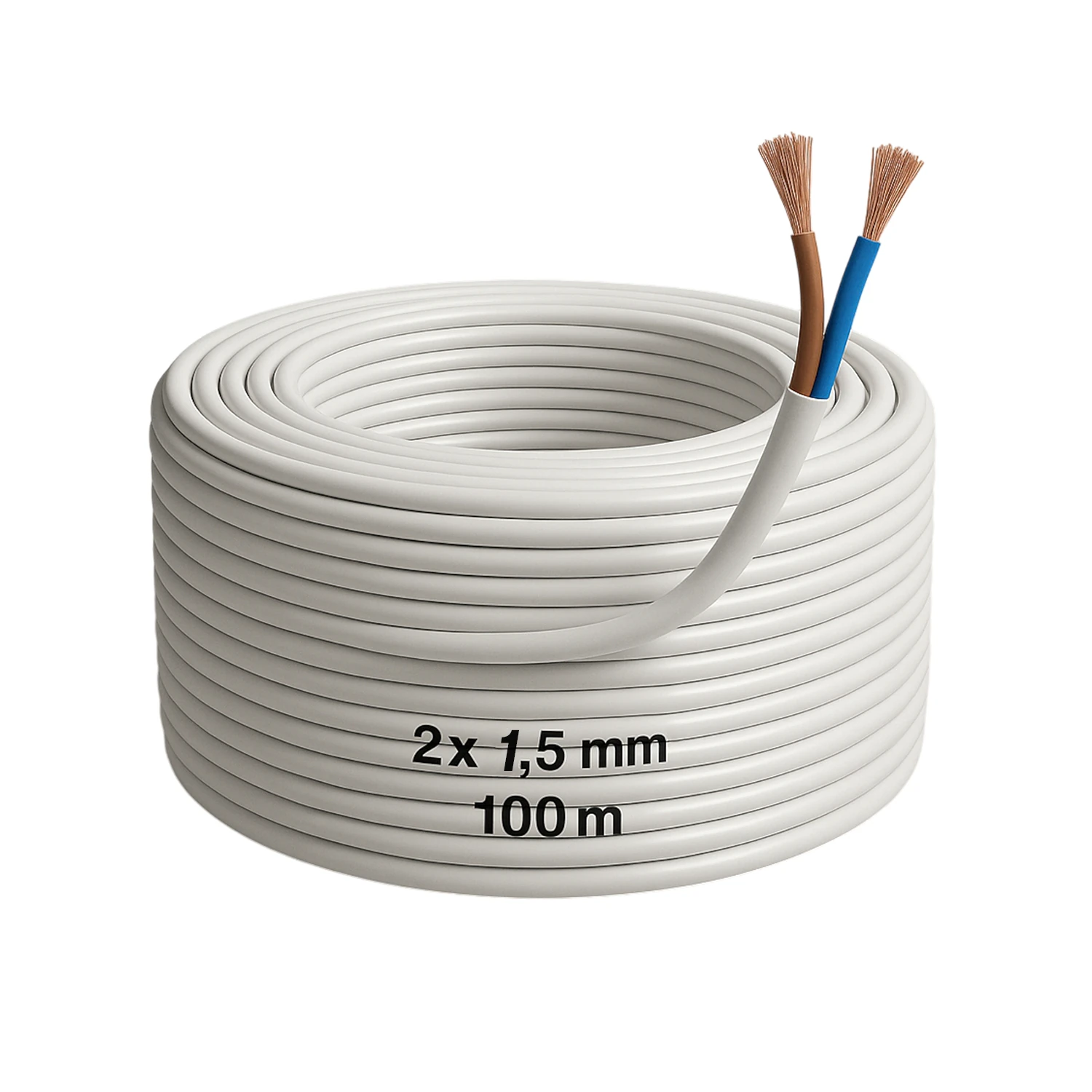 CCA Çok Telli Kablo 2x1.5 mm 100 Metre Elektrik Kablosu Topraklama Yok Alüminyum Alışım Beyaz Renk