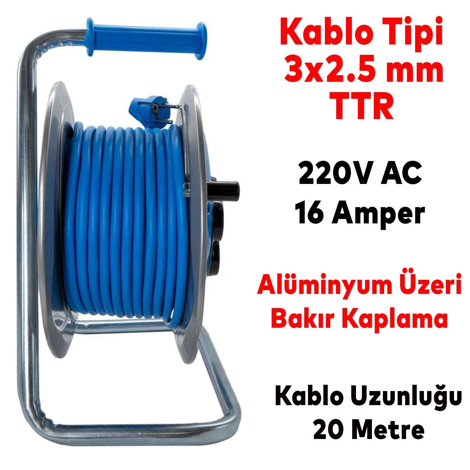 Makaralı Seyyar Kablo Metal 4 Prizli Uzatma Kablosu 3x2.5 mm TTR Kablo 20 Metre
