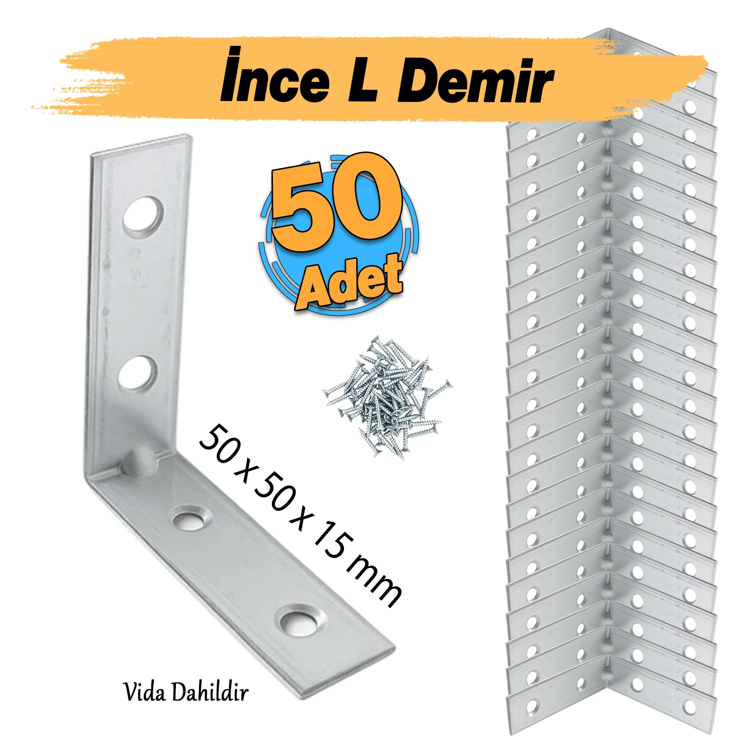 (50 ADET) Metal Köşebent 50x50x15 mm İnce L Demiri Gönye Mobilya Duvar Sabitleme Bağlantı Aparatı