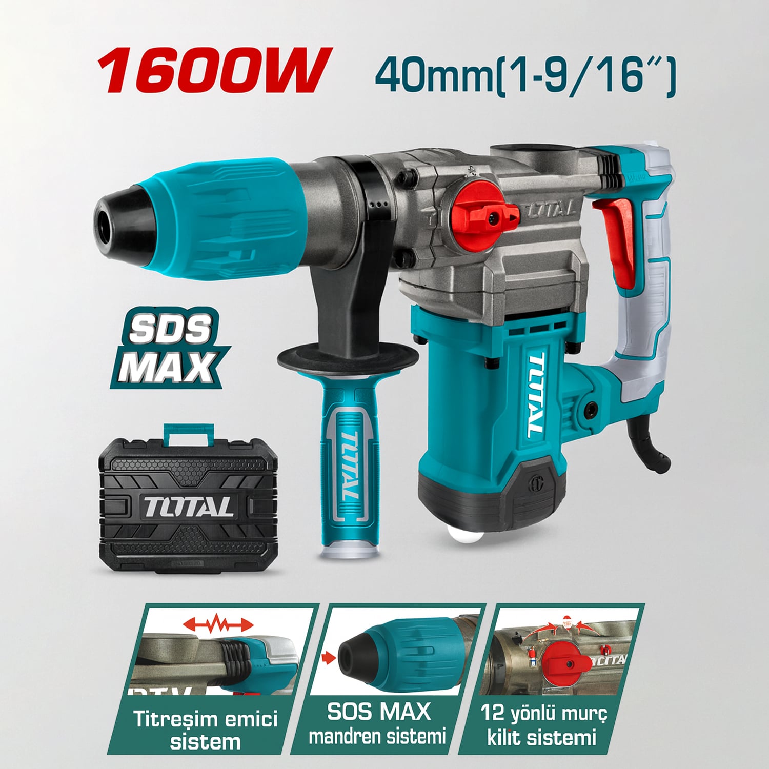 Total TH1163855 1600W SDS Max 6 Kg Kırıcı Delici Darbeli Matkap Hilti Çekiç Güçlü Beton Kırma Delme