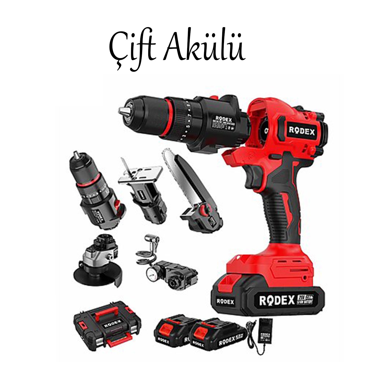 Değiştirilebilir Başlıklı Akülü 5'li Set 20 V 2.0 Ah Taşlama Matkap Dekubaj Testere Pala Top Şişirme