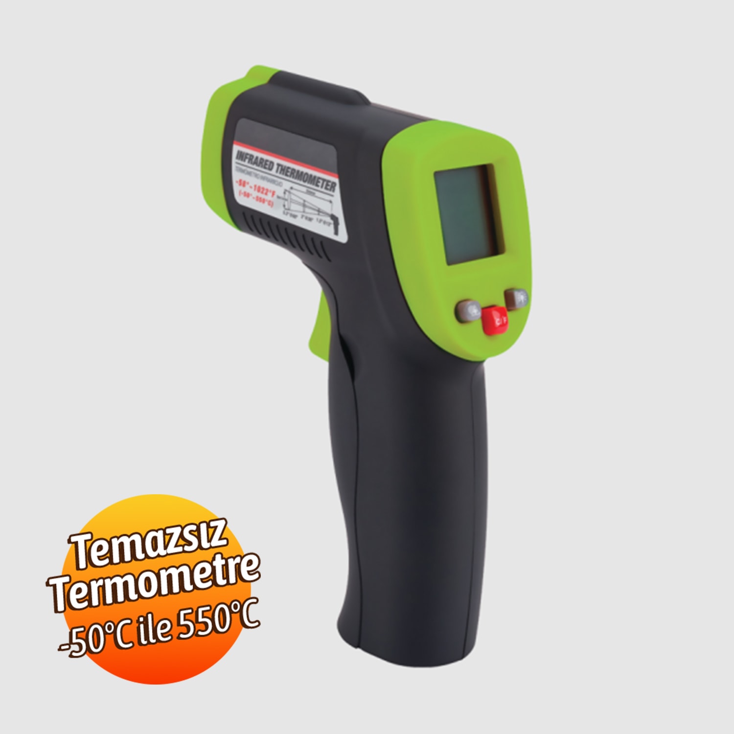 NT1075 Siyah Yeşil Lazerli Dijital Kızılötesi Temassız Plastik Gövdeli Termometre -50°C 550°C