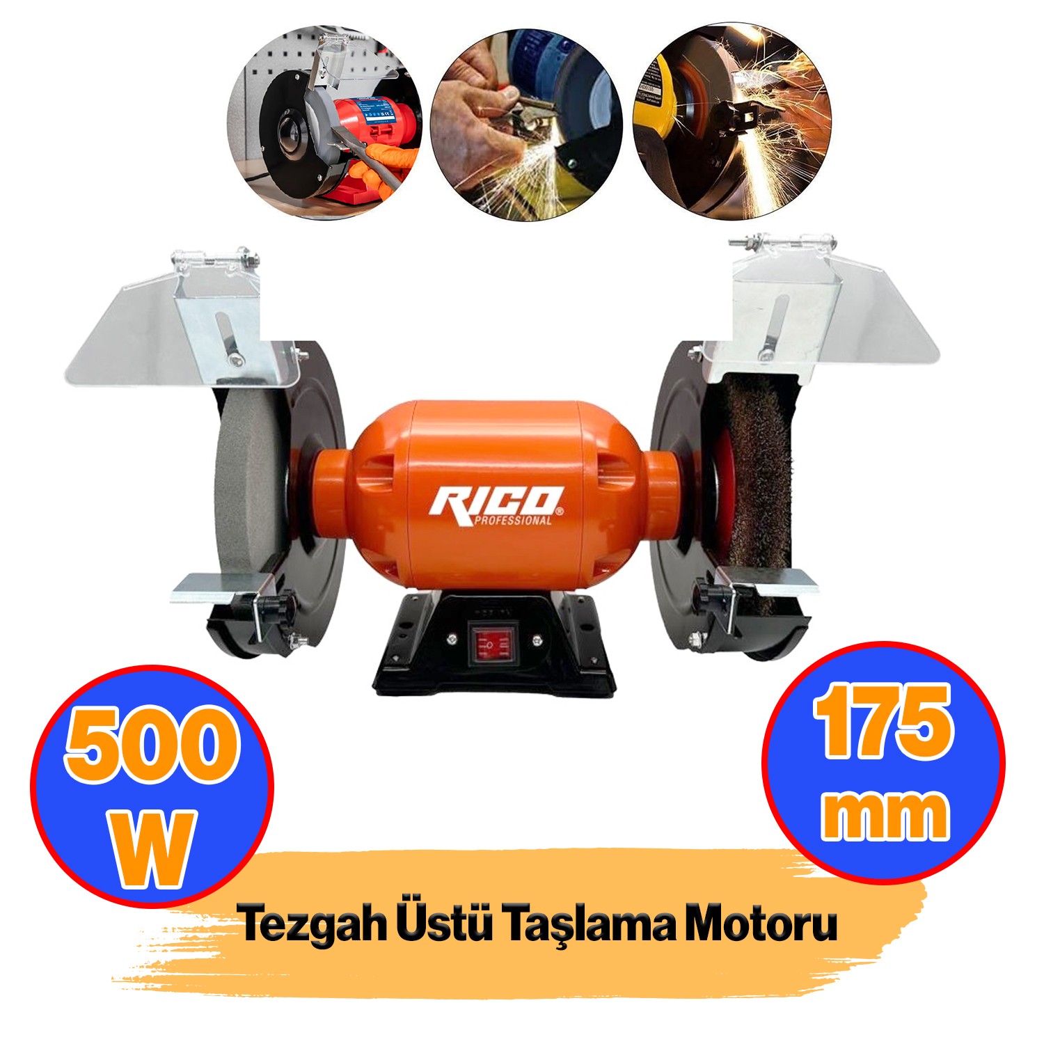 Elektrikli Bıçak Kesici Bileme Taş Motoru 175 mm Zımpara 500 W Rico Taşlama Metal Tezgah Üstü Çark