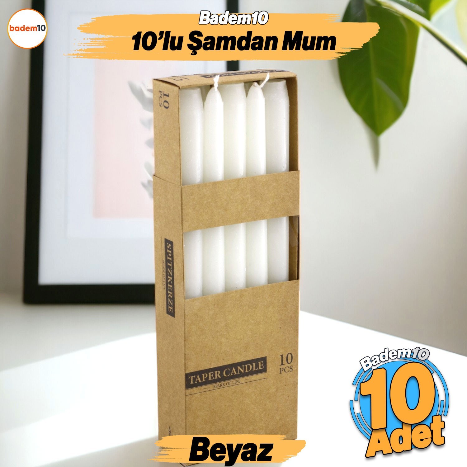 Şamdan Mum 10'lu Düz Beyaz Dekoratif Mumu Kandil Hediyelik Fitilli Mumluk 25 cm