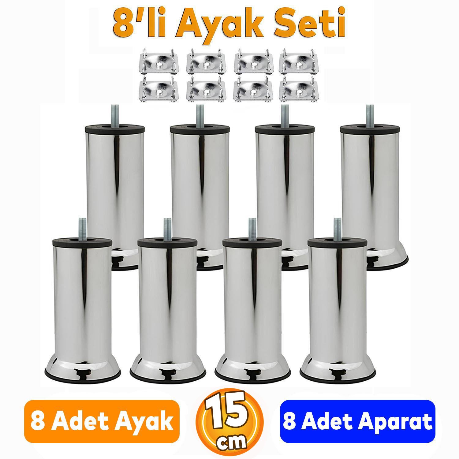 Mobilya Kanepe Baza Koltuk Çekyat Yükseltme Ayağı Ayakları M8 15 Cm Krom Metal Aparatlı 8'li Set