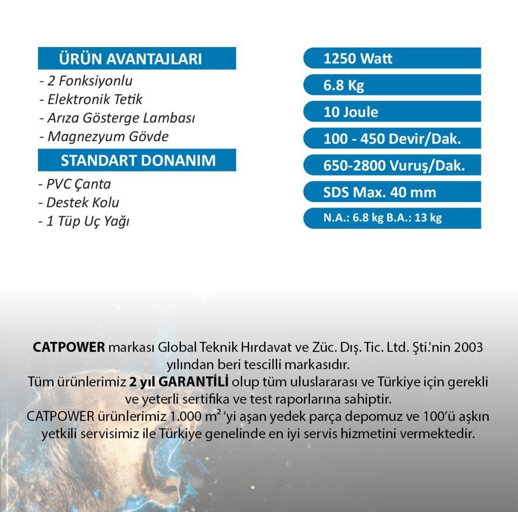 Catpower 5911 Elektrikli Kırıcı Delici Matkap Keski Seti 1250Watt