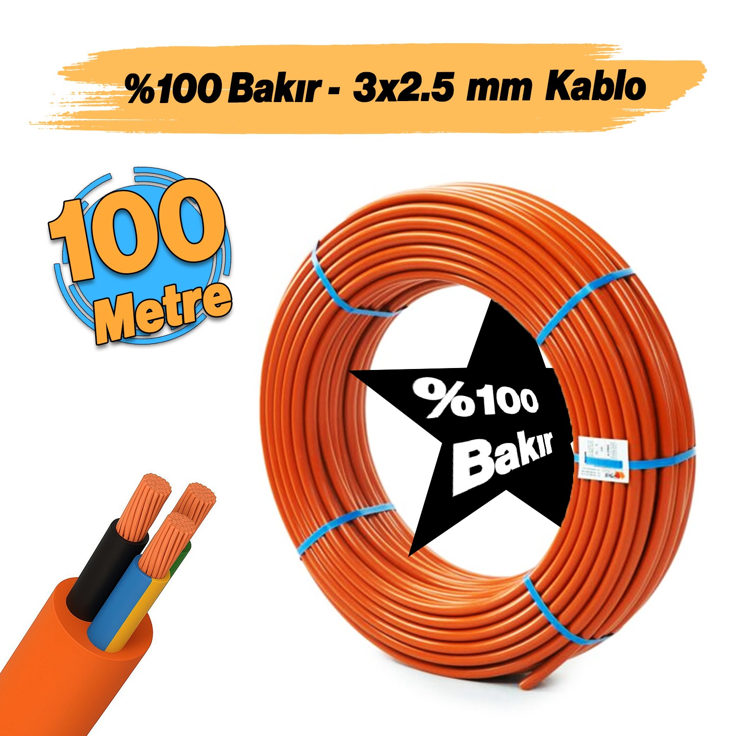 %100 Bakır Çok Telli 3x2.5 mm 100 Metre Elektrik Kablosu Turuncu Elektrikli Araç Şarj Uygun Uyumlu