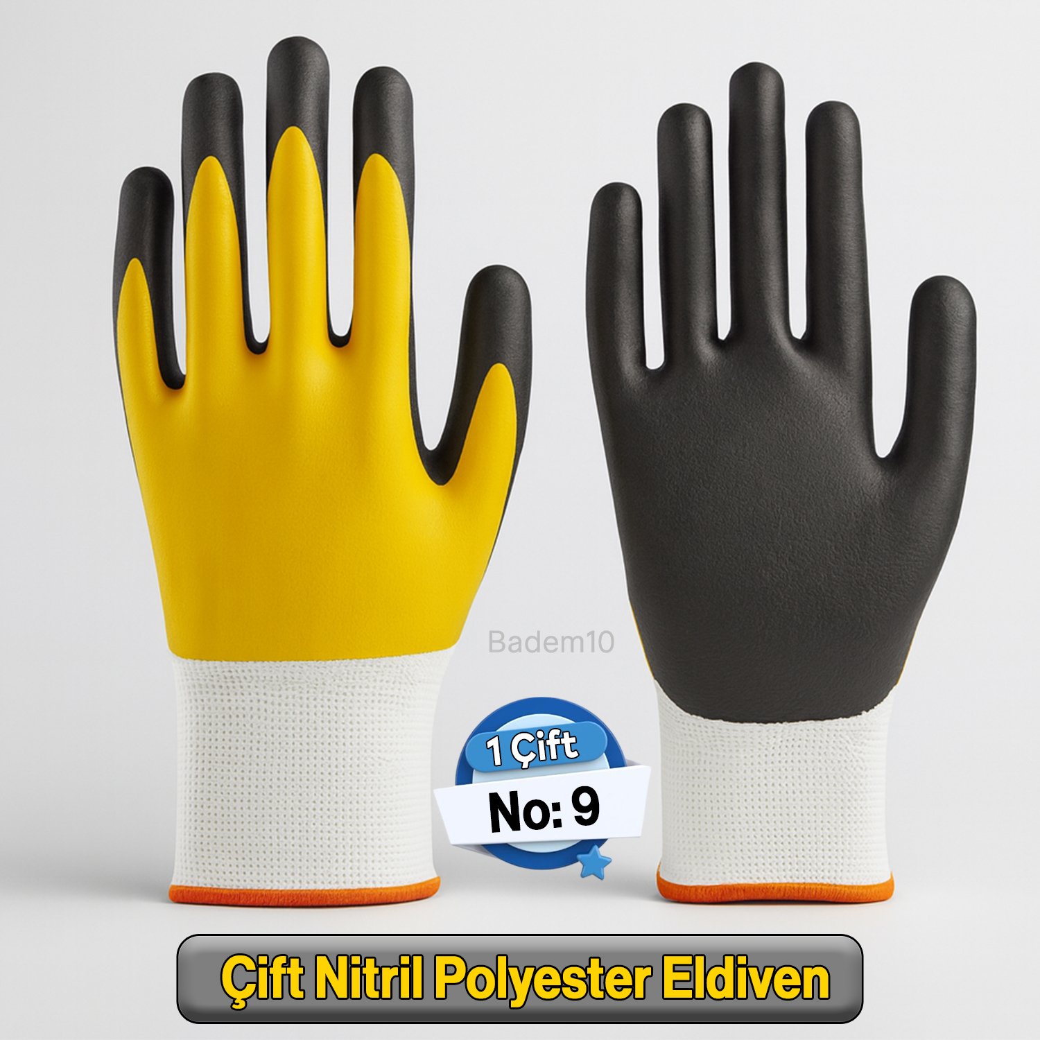 Çift Nitril Polyester Double Nitril İş Güvenlik İnşaat Eldiveni (Sarı-Siyah) No:9 L Beden