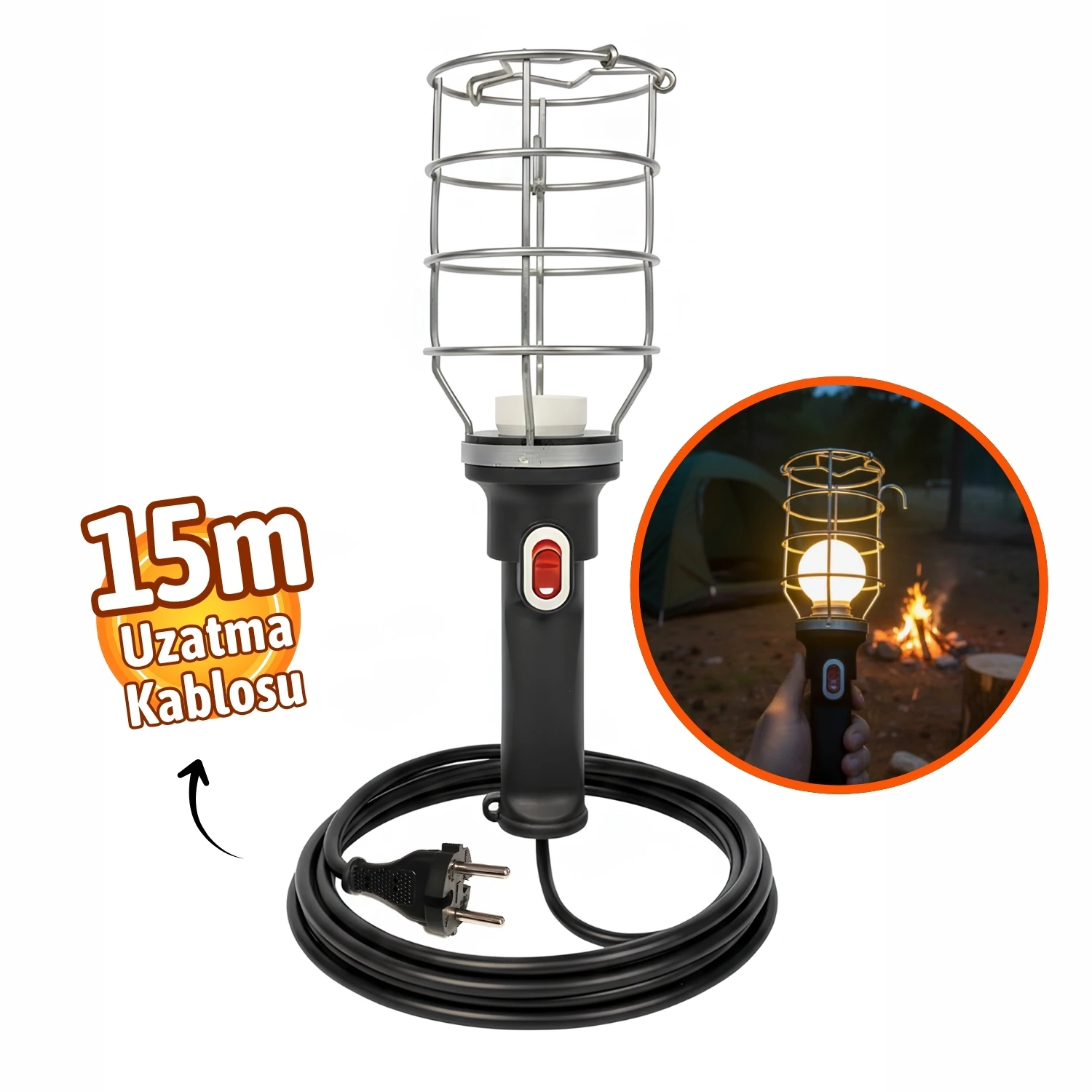 Siyah 15 mt Plastik Saplı Metal Koruma Kafesli Kablolu E27 Standart Duy Seyyar El Lambası