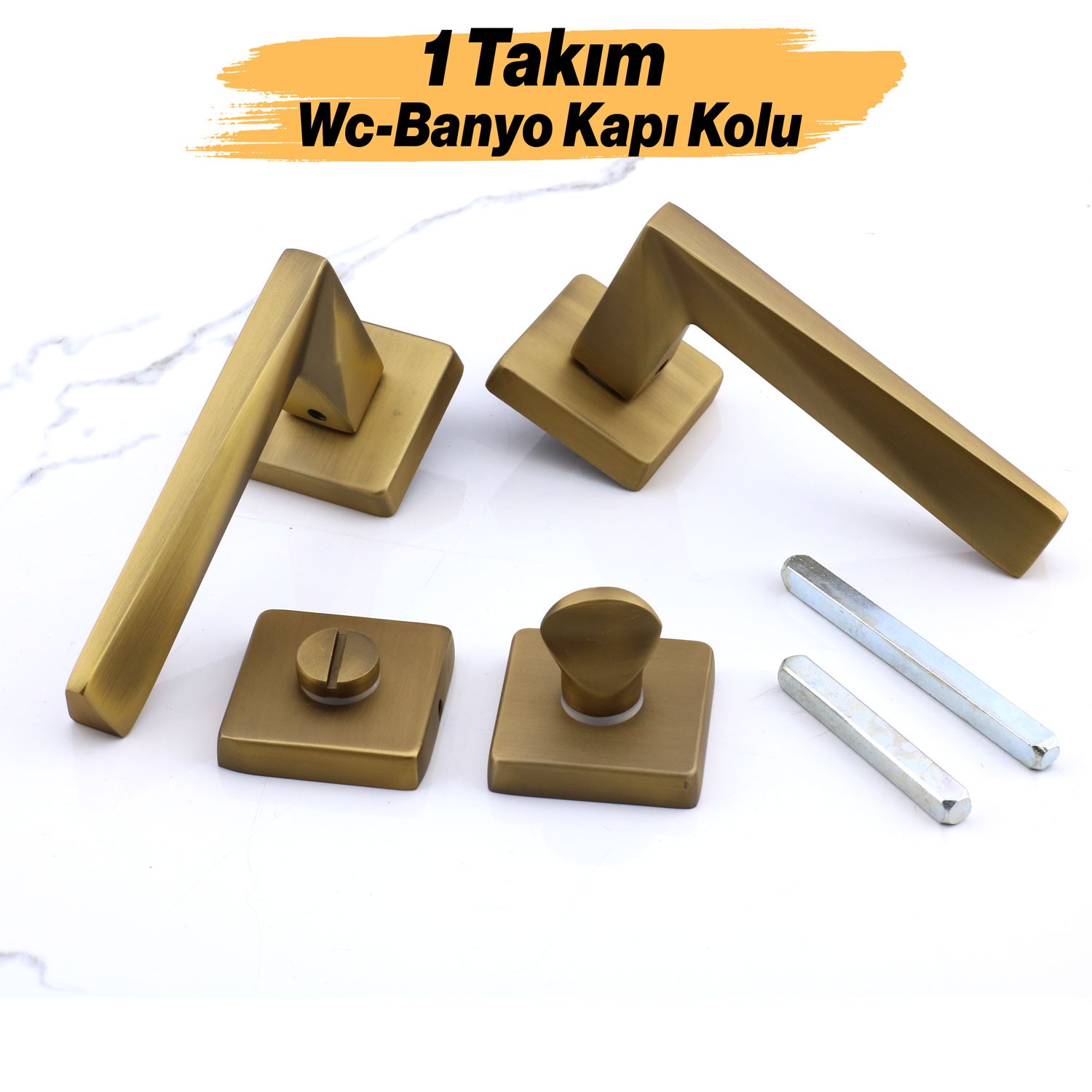 Vista Antik Sarı Wc Banyo Uyumlu Kapı Kolu Kare Rozetli Kapı Kulpu Sağa Sola Uygun Kapı Kolları