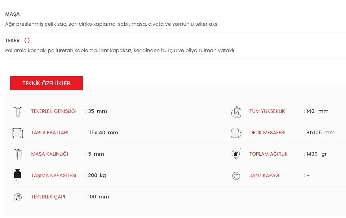 Emes ED 02 ZKP 100 Sabit Tablalı Döküm Teker 100 mm 200 Kg