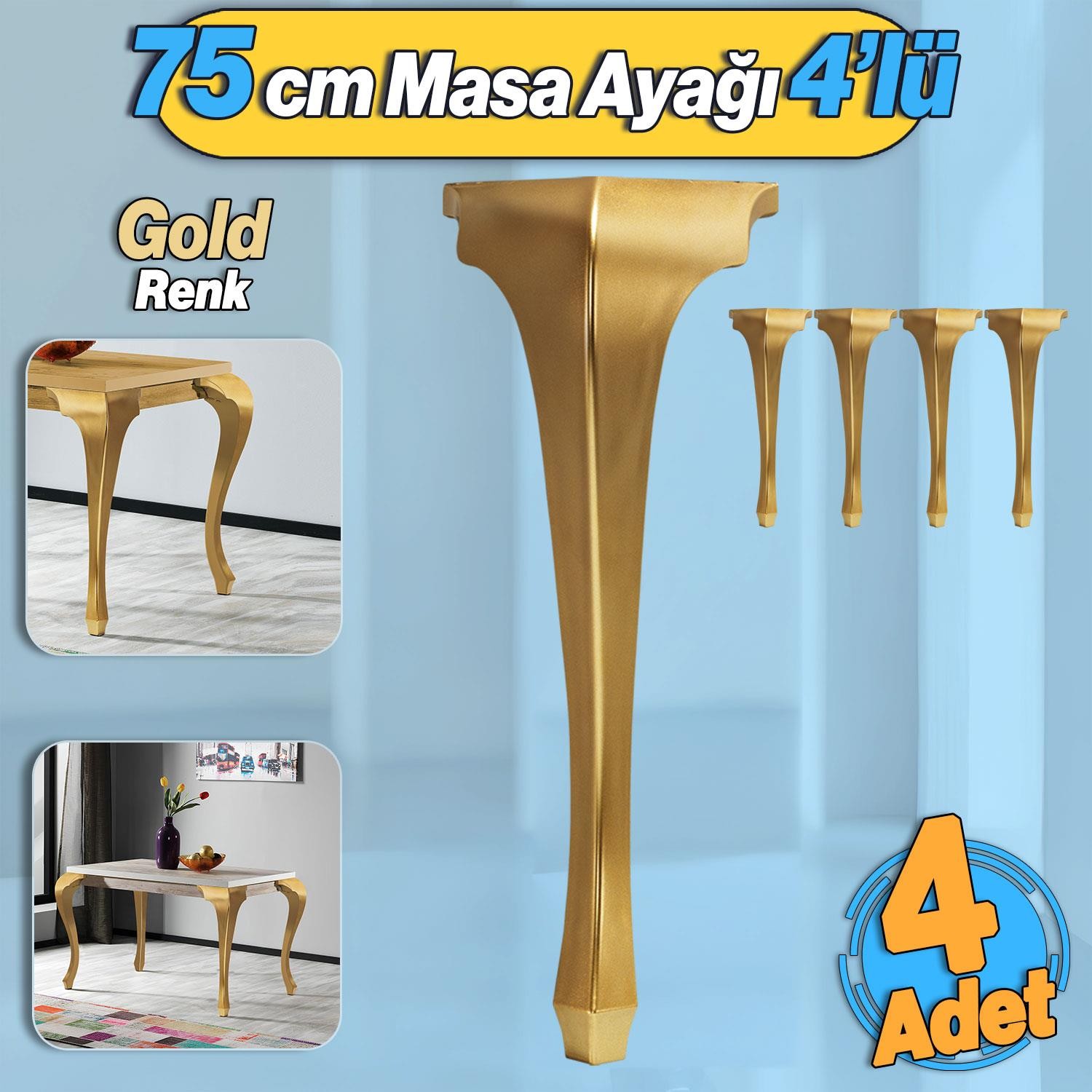 4 Adet Lukens Masa Dresuar Ayağı 75 cm Plastik Altın Gold Mutfak Yemek Masası Mobilya Ayakları