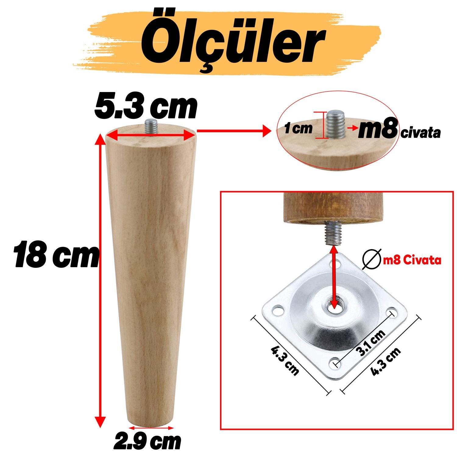 4 ADET Ahşap 18 cm Bağlantı Aparat Mobilya Koltuk Kanepe Berjer Ayağı Yükseltici Ayakları M8 Civata