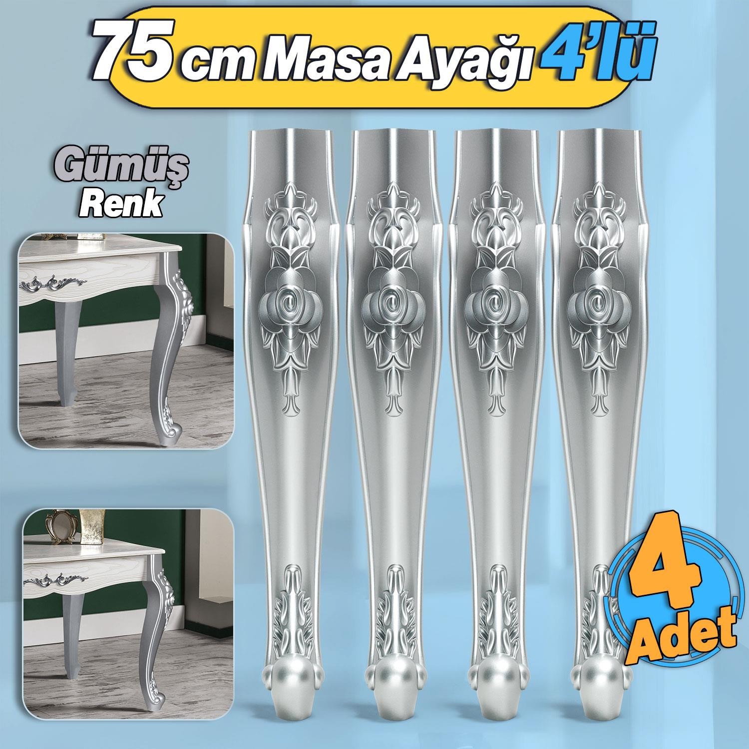 4 Adet Rosa Masa Dresuar Ayağı 75 cm Plastik Gümüş Ayak Mutfak Yemek Masası Mobilya Ayakları Gri