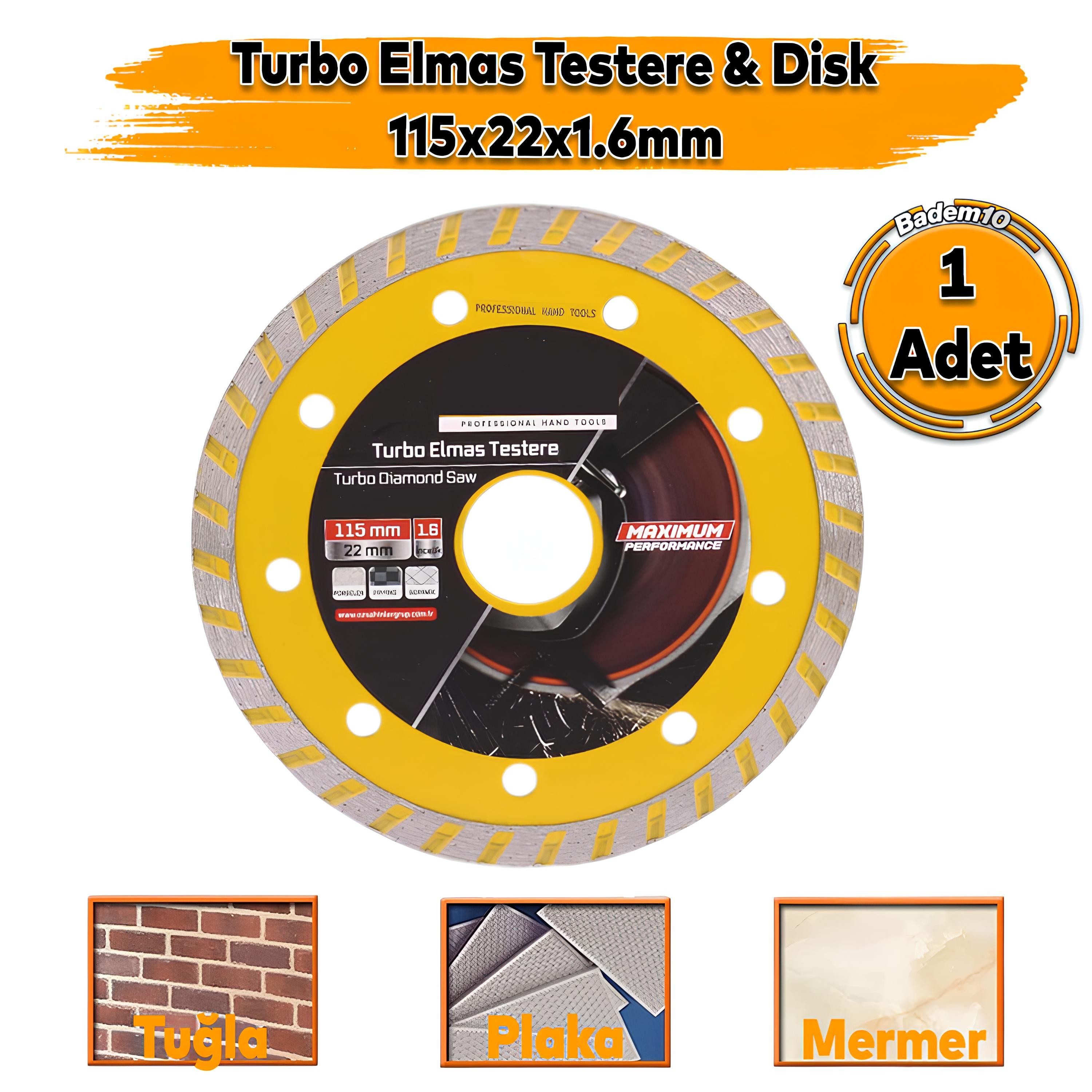 115x22x1.5 mm Turbo Elmas Seramik  İnşaat Mermer Porselen Fayans Granit Sulu Kuru Kesim Kesme Disk