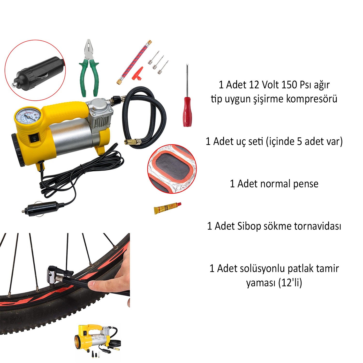Metal Hava Kompresörü 150 Psı 12V Araç Tipi Çakmaklık Sibop Sökme Lastik Yapıştırma Solüsyon 5 Set